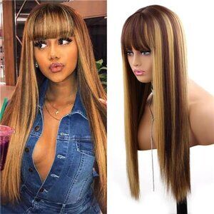 Elegant Long Brown and Blonde Wig with Bangs